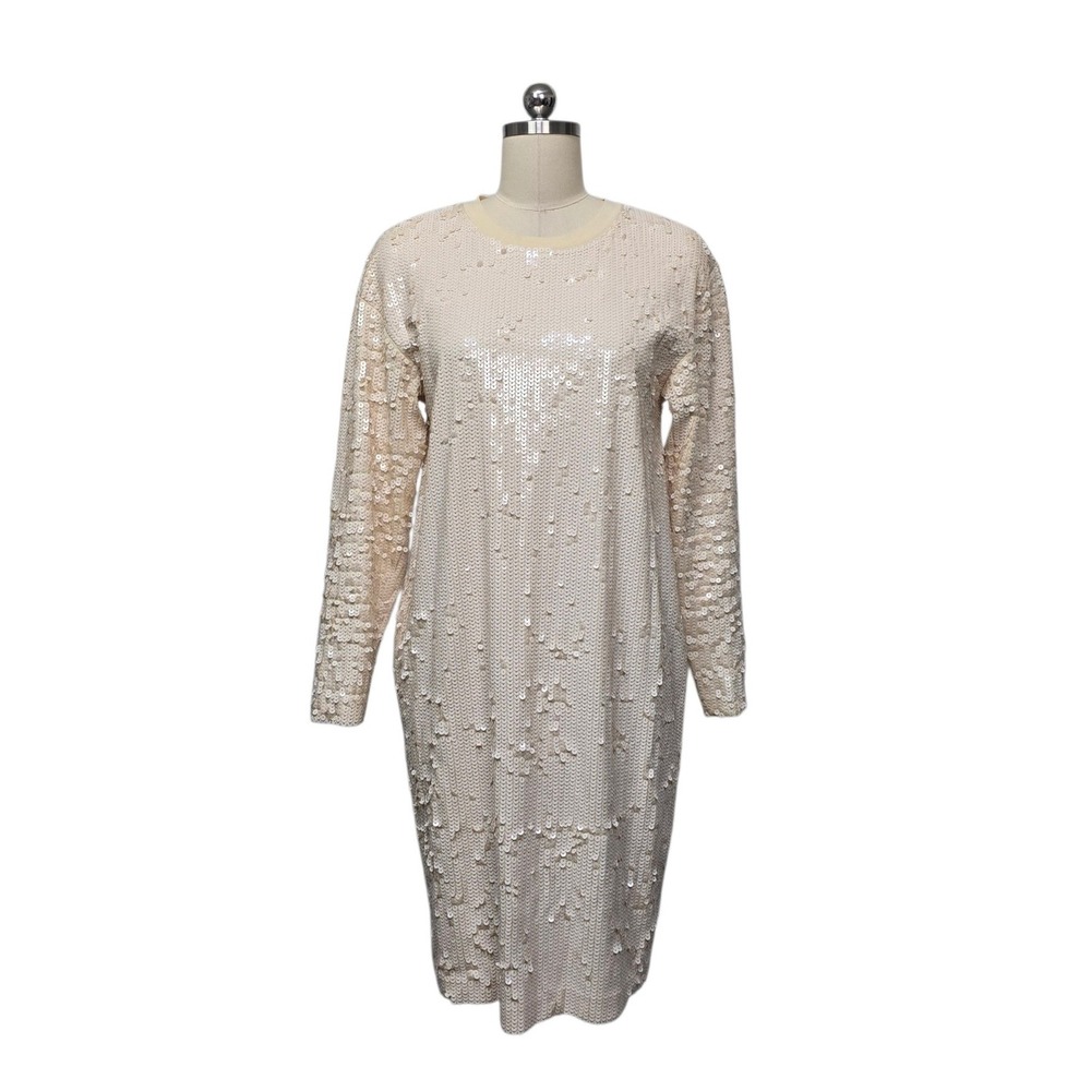 COS Women Cream Sequin Long Sleeve Shift Dress Womnes Size XS Off‎ White